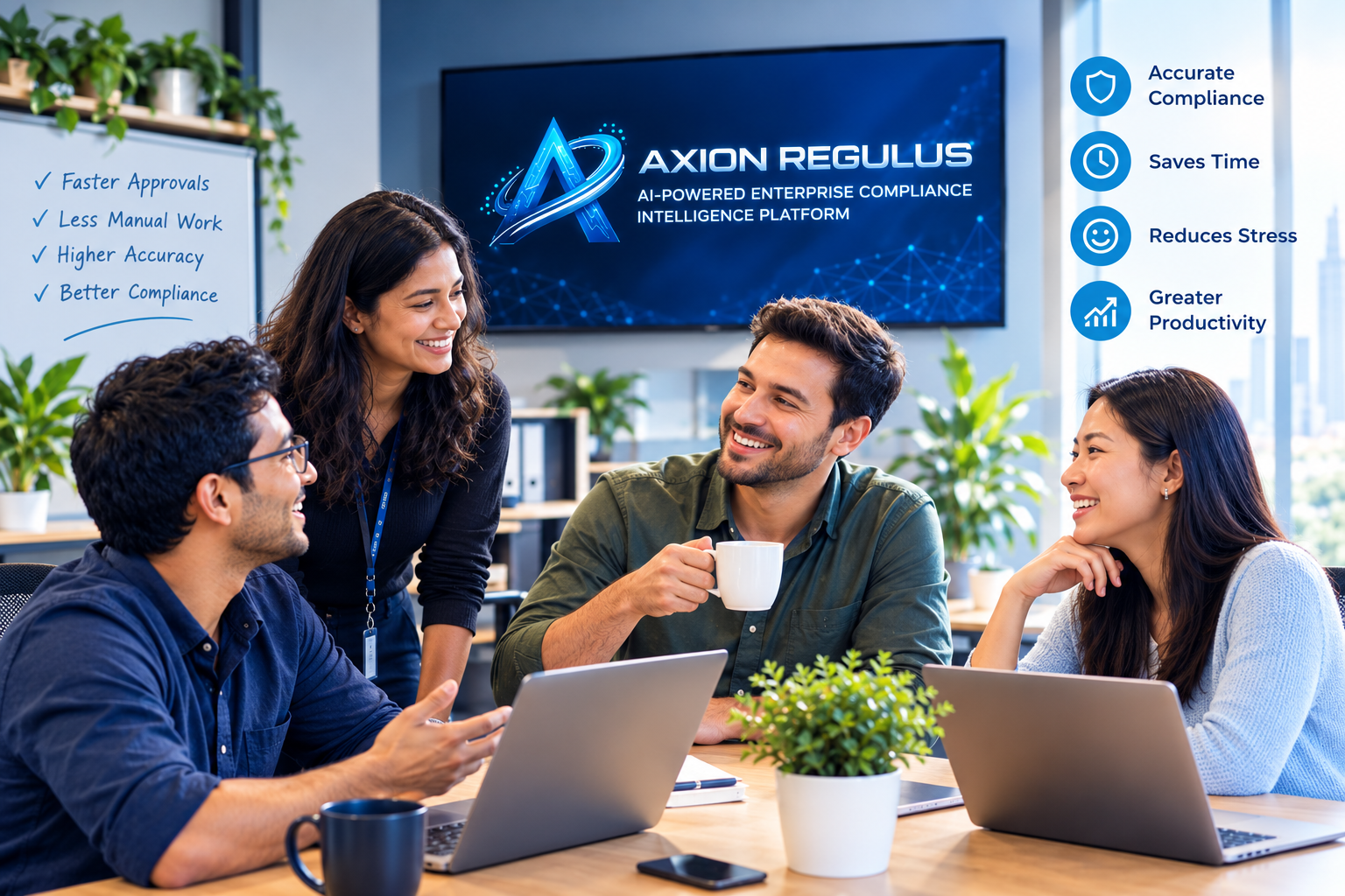 Team confidently discussing compliance results together in a meeting room